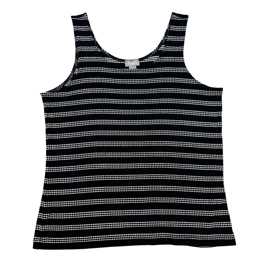 Chicos Travelers Tank Top Womens 2 L Black White Striped Scoop Neck **READ**